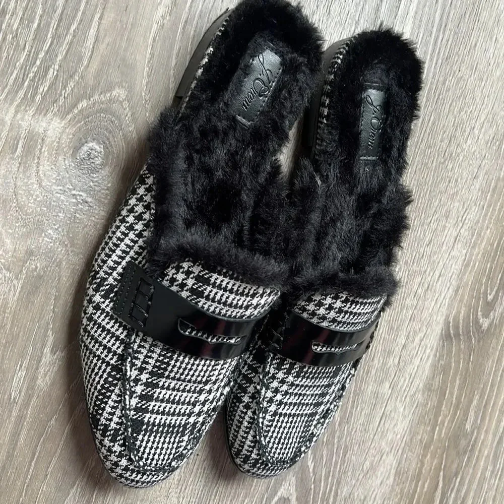 J.Crew Academy Loafer Mule with Faux Fur Lining Black/ Ivory Plaid Fabric